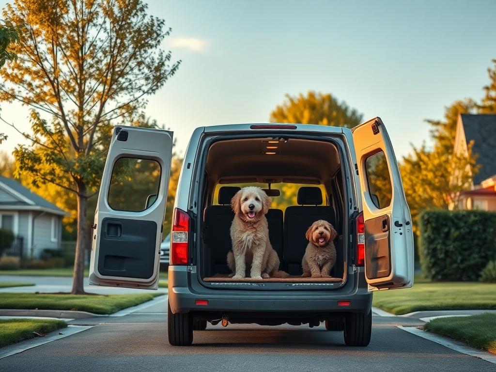 A cozy and serene image of a pet transport vehicle parked in a calm suburban neighborhood. The vehicle should be shown with its door open, displaying a comfortable interior. Soft lighting enhances the vehicle's welcoming atmosphere, emphasizing safety and comfort for pets. The background includes lush greenery and a clear blue sky, creating a peaceful scene. The image should evoke a sense of trust and care, suitable for a pet transport service.