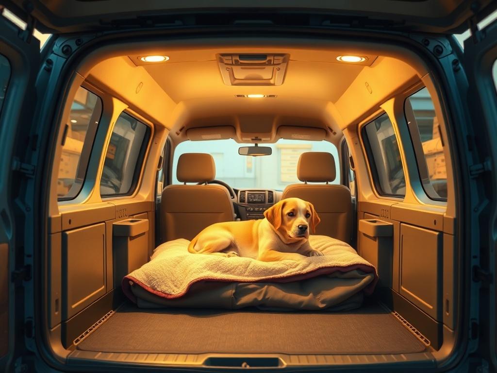 A serene pet transport vehicle outside a veterinary clinic, ready for a post-surgery pick-up. The vehicle should convey safety and comfort, featuring soft, calming colors. Inside, a recovering pet lies comfortably on a soft blanket, with a reassuring owner by its side, illustrating care and support.