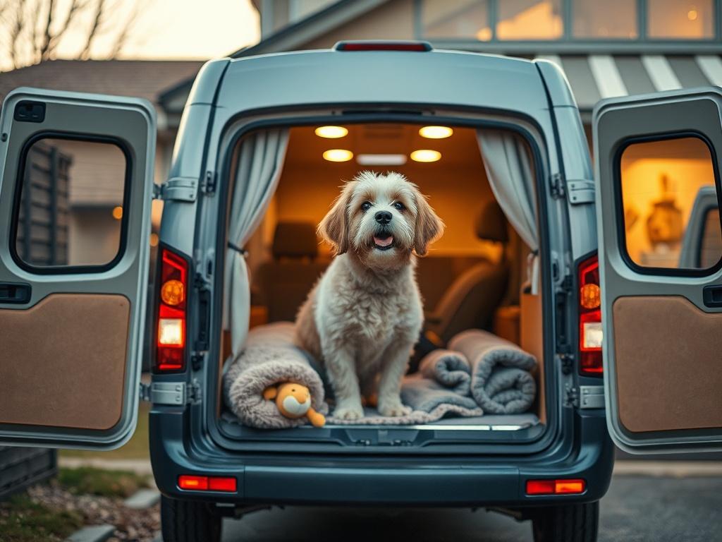 An inviting pet transport vehicle parked outside a grooming salon, radiating warmth and comfort. Inside, a groomed dog looks content, surrounded by soft blankets and a favorite toy. The atmosphere should be cozy, with soft lighting and gentle colors, emphasizing relaxation and care.