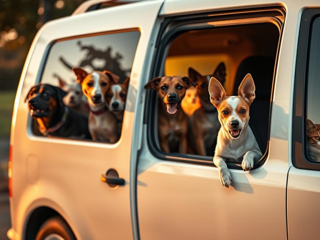 A serene and cozy scene featuring a diverse range of dog breeds of different sizes and aggression levels, alongside cats, all viewed from the side of a white Volkswagen Caddy parked in a tranquil setting. The lighting is soft and golden, creating a warm atmosphere. Additionally, include an image of a small happy Jack Russell looking out the front passenger window of the vehicle, with its ears perked up and a joyful expression, capturing the excitement of pet transport.