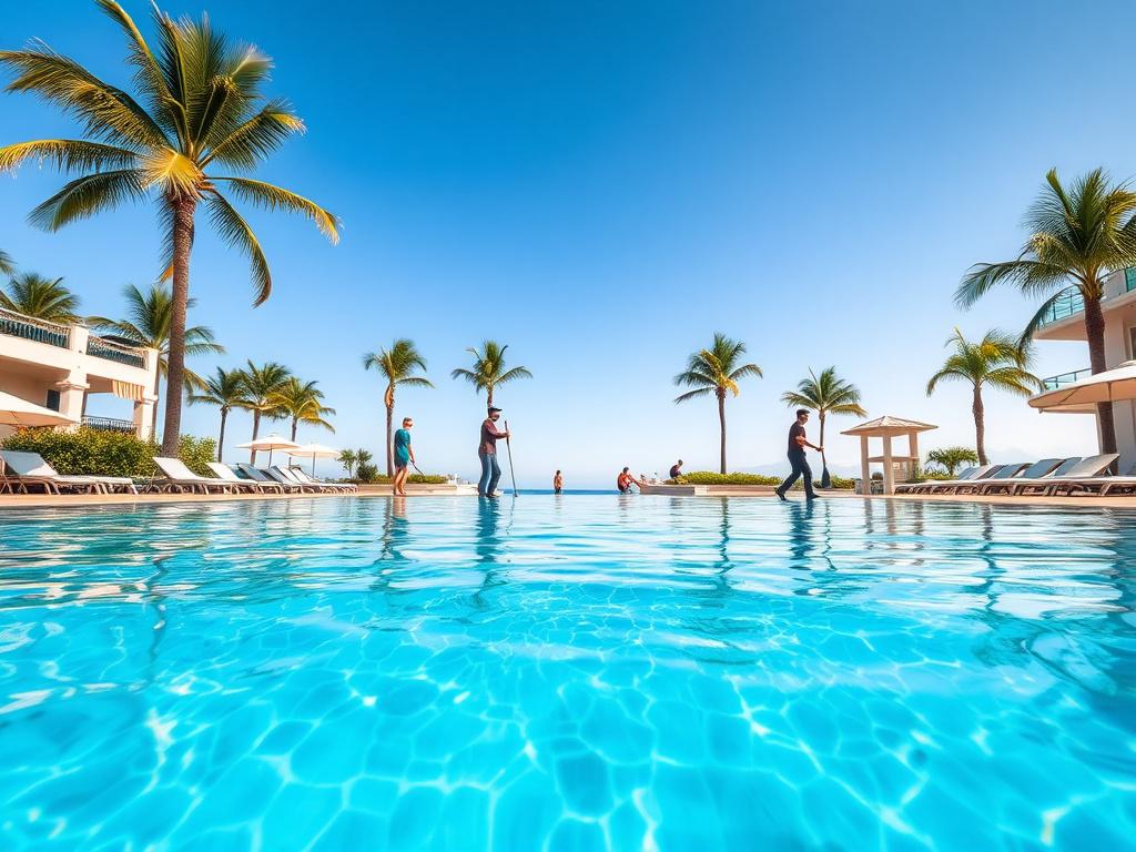 A thriving pool service team working diligently on a stunning resort-style pool. The scene captures the team in action, showcasing their professionalism and teamwork as they maintain the crystal-clear water and pristine surroundings. The pool features elegant tiles and lush landscaping, with palm trees gently swaying in the background under a bright blue sky. The focus is on the team, with a close-up shot highlighting their dedication and expertise, shot with a 45mm f/1.2 lens style for a hyper-realistic fe