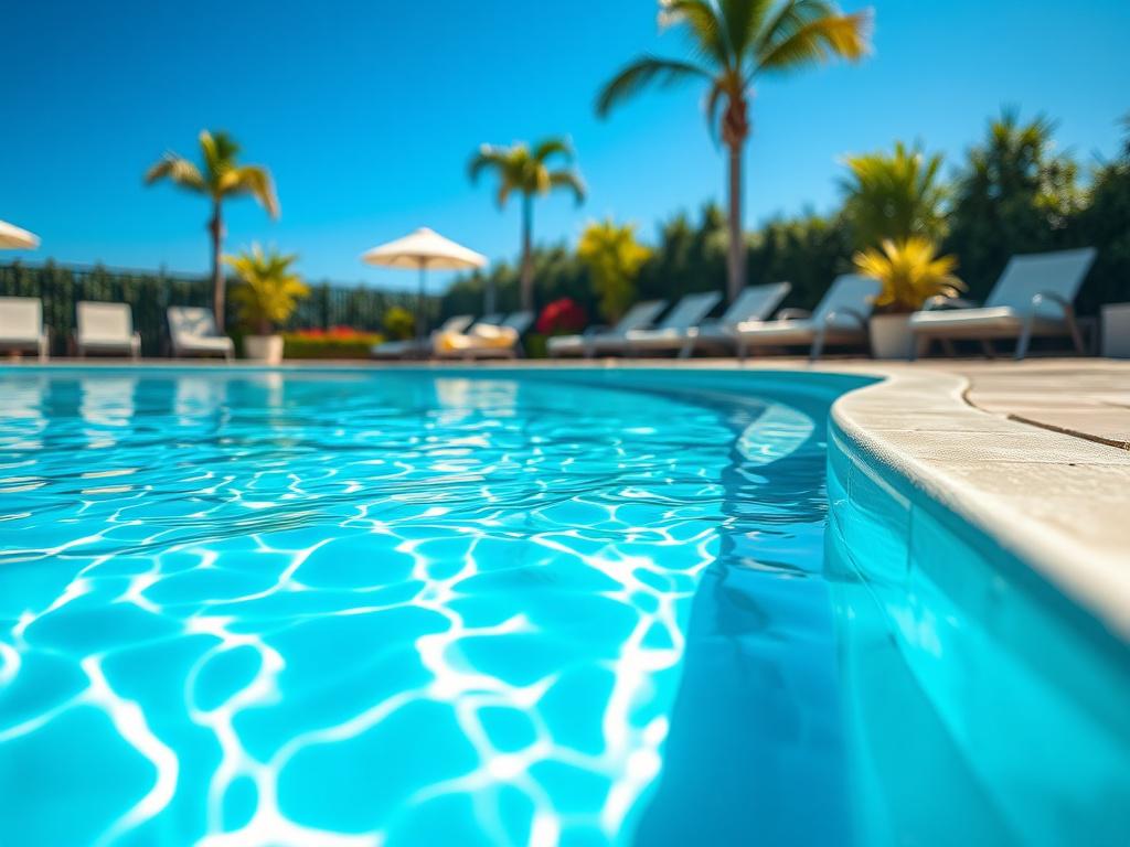 A close-up shot of a sparkling, well-maintained commercial pool surrounded by lush landscaping and luxurious lounge chairs. The water glistens under the sun, reflecting the vibrant blue sky. The composition focuses on the pool's edge, showcasing the clarity and inviting nature of the water, with a few decorative elements like pool floats and potted plants adding to the resort-style atmosphere.