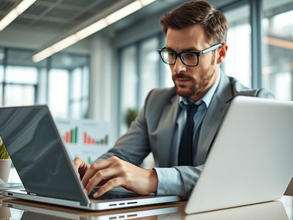 A high-resolution close-up photograph of a professional consultant analyzing market data on a laptop, with a focus on charts and graphs. The background should be a modern office setting with bright lighting, emphasizing a clean and professional atmosphere.