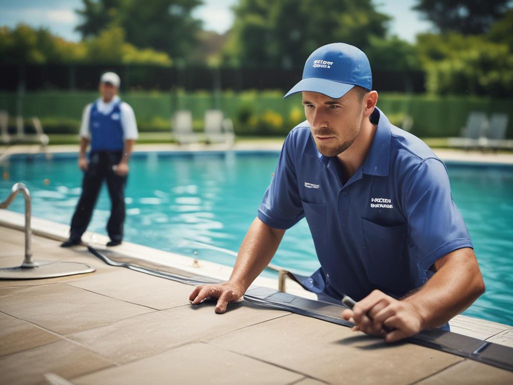 An inspiring image of a thriving commercial pool service team in action, showcasing professionalism and teamwork. The focus should be on a dedicated group performing maintenance on a sparkling pool, demonstrating attention to detail and high service standards. The background can include equipment and tools used in pool maintenance, emphasizing a commitment to quality. Shot with a 45mm f/1.2 lens for a hyper-realistic effect, aligning with the vibrant rgb(12, 186, 225) primary color.