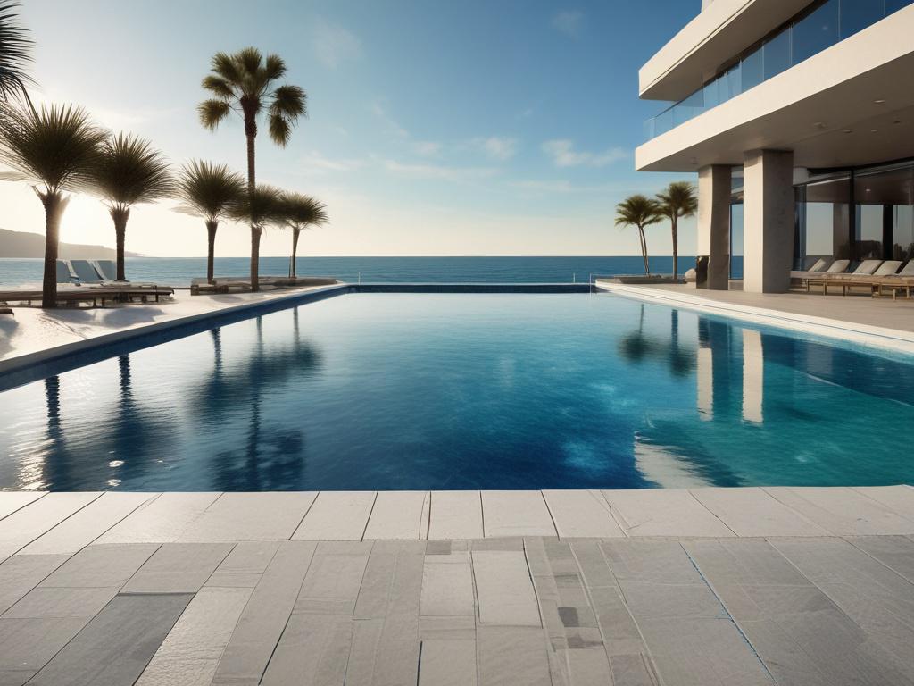 A high-resolution image of a luxurious commercial pool setting, showcasing clear blue water and pristine tile work. The focus is on the water surface with shimmering reflections, capturing the essence of a resort-style atmosphere. The background features well-maintained landscaping and elegant lounge chairs, emphasizing a premium service environment. Shot with a 45mm f/1.2 lens for a hyper-realistic portrayal, ensuring vibrant colors that align with the rgb(12, 186, 225) primary color.