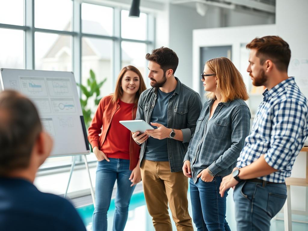 A close-up shot of four swimming pool service team members casually dressed, engaged in a strategic discussion in a modern office setting. The team consists of two men and two women, with one woman holding a tablet, another man pointing to a whiteboard filled with diagrams, while the other two members are seated and listening attentively. The office has large windows letting in natural light, with a clean, professional appearance. The color scheme is modern, incorporating shades of blue and white, with a hi