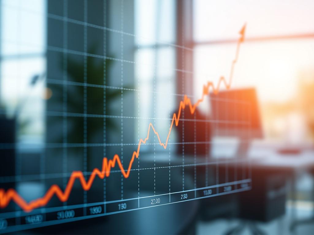 A hyper-realistic close-up shot of a financial chart with a rising trend, clearly depicting increased share value. The chart should have clear, defined lines and markers showing significant growth over time. The background should be a clean, professional office setting to emphasize a corporate atmosphere. The colors in the chart should harmonize with the primary color rgb(12, 186, 225), creating a cohesive and appealing visual that reflects success and growth.
