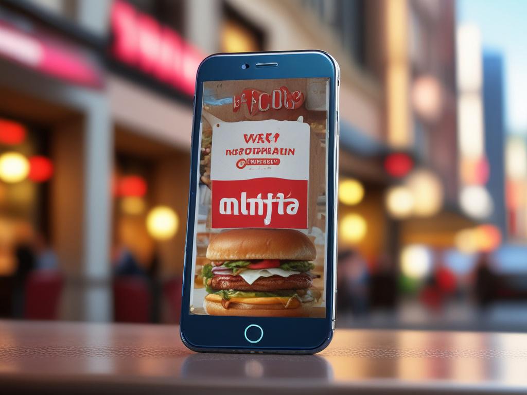 A vibrant close-up of a discount coupon or digital offer displayed on a smartphone screen, with a backdrop of an upscale restaurant environment. The image should capture the excitement of dining savings, featuring colorful graphics on the coupon and blurred diners enjoying their meals in the background. Shot with a 45mm f/1.2 lens.