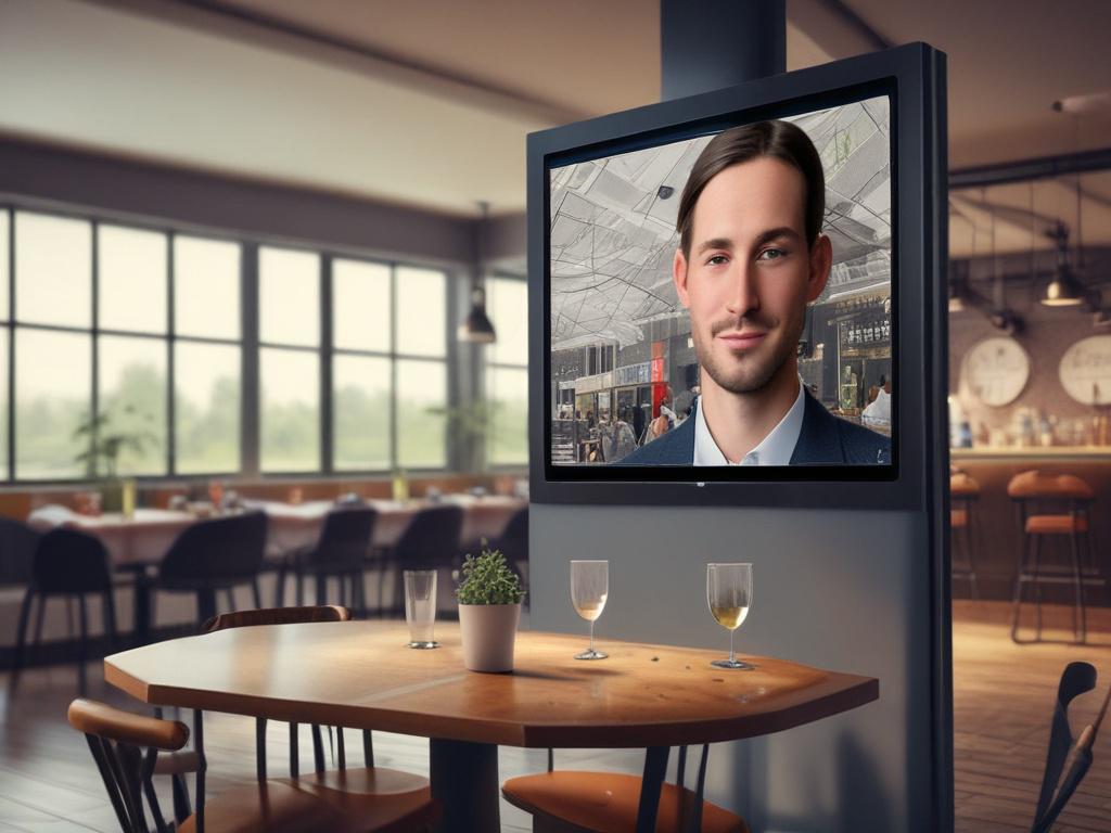 A close-up image of a digital screen displaying the AI concierge, Lenny, with a friendly interface. The background should be a stylish restaurant setting, with blurred diners enjoying their meals, creating a lively ambiance. The image should focus on the screen's interactive design, showcasing vibrant colors and user-friendly features, captured with a 45mm f/1.2 lens.