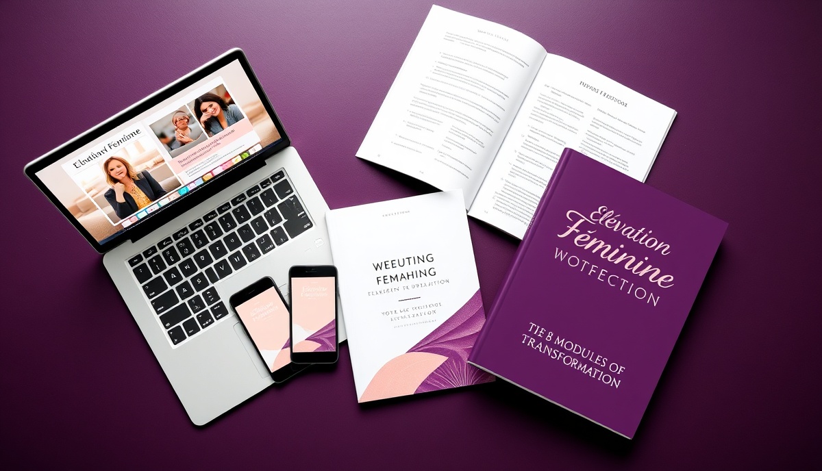 Matériaux de formation Élévation Féminine: ordinateur, téléphone, tablette et cahier d'exercices
