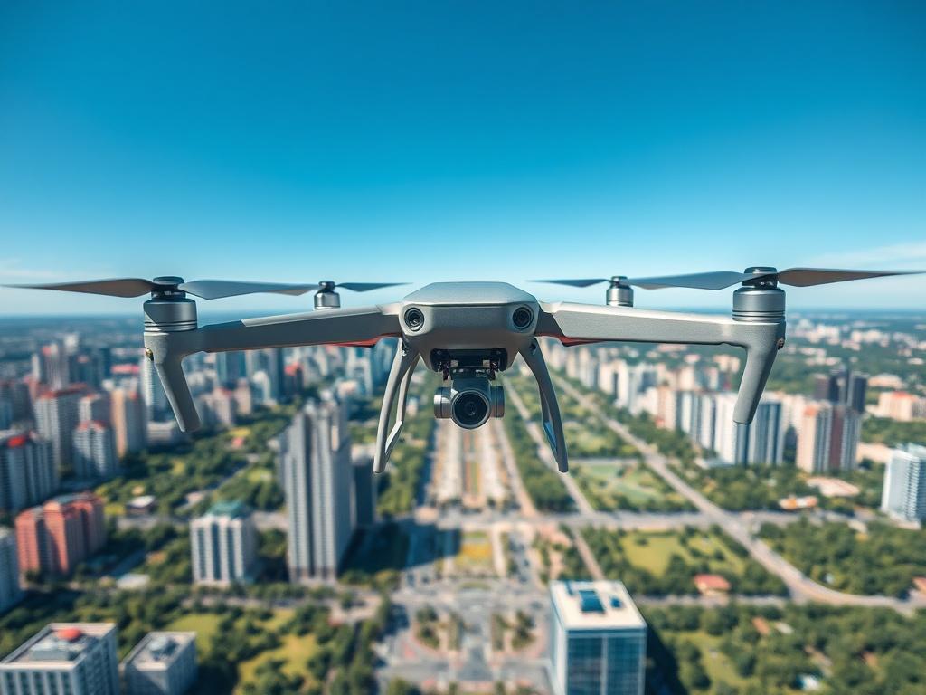 Aerial view of a drone capturing stunning landscapes, with a clear blue sky and vibrant colors. The drone is centered in the composition, showcasing its advanced technology. In the background, a picturesque cityscape with high-rise buildings and green parks, emphasizing the contrast between nature and urban life. The image should feel dynamic and engaging, highlighting the essence of aerial photography.