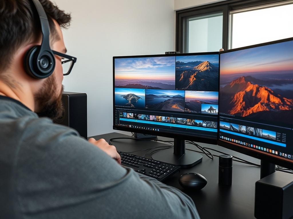 A skilled video editor working on a high-resolution monitor, focused on editing aerial footage. The workspace should feature advanced editing software, with a timeline visible, and images of stunning visuals displayed on the screen, reflecting the creative process.
