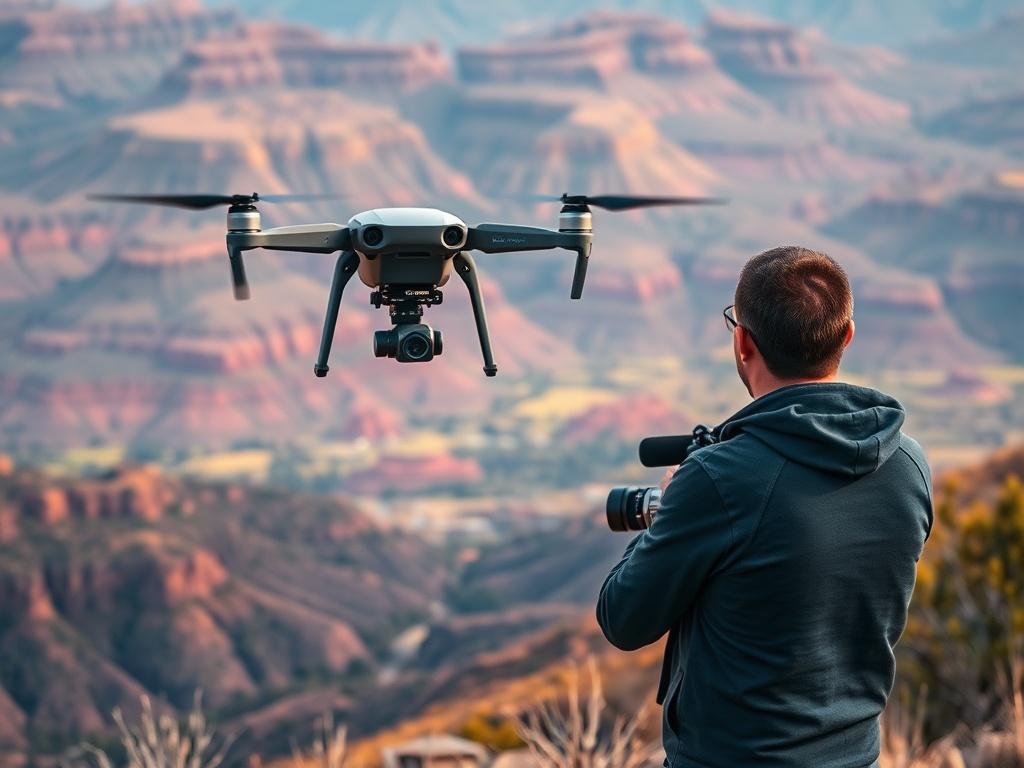 A drone in flight capturing aerial footage of a vibrant landscape, with a photographer monitoring the process from the ground. The scene should display a panoramic view of the area being filmed, highlighting the beauty and detail of the surroundings.