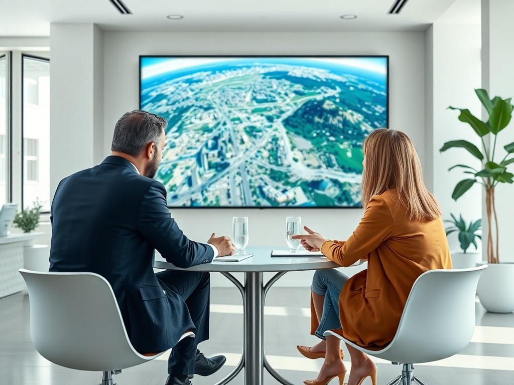 A professional team engaged in a discussion with a client in a modern office setting, with aerial imagery displayed on a screen in the background. The room should have a clean, minimalistic design with natural light coming through the windows, emphasizing a collaborative atmosphere.