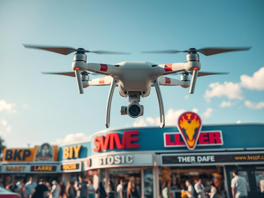 A high-resolution photo of a drone capturing a vibrant, bustling retail environment from above. The scene includes colorful signage, people interacting, and dynamic movement, showcasing the energy of the venue. The background is a clear blue sky with minimal clouds, emphasizing the drone's aerial perspective. The composition is clean and focuses solely on the drone and the lively atmosphere below.