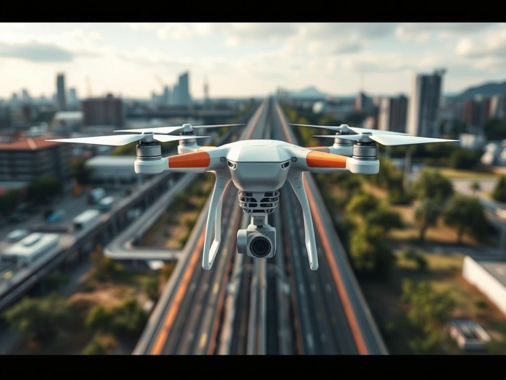 A drone surveying an infrastructure site, capturing high resolution data