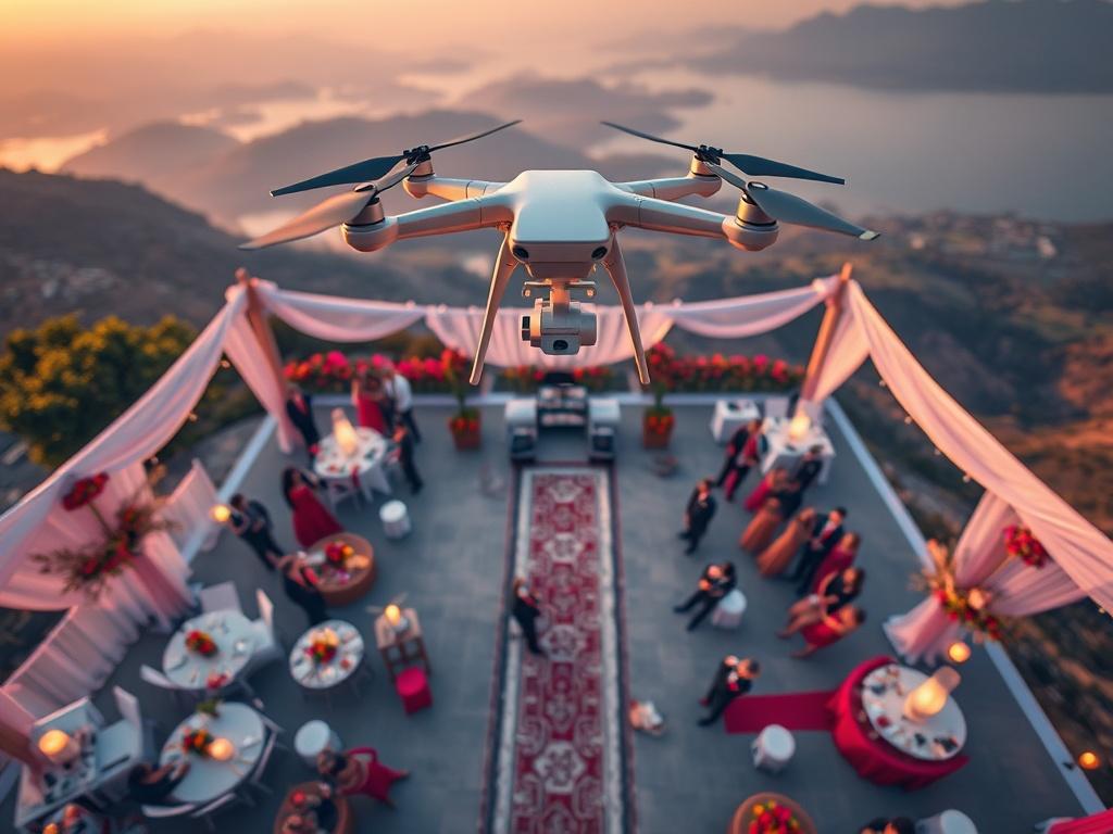 A stunning aerial shot of a wedding venue, featuring guests