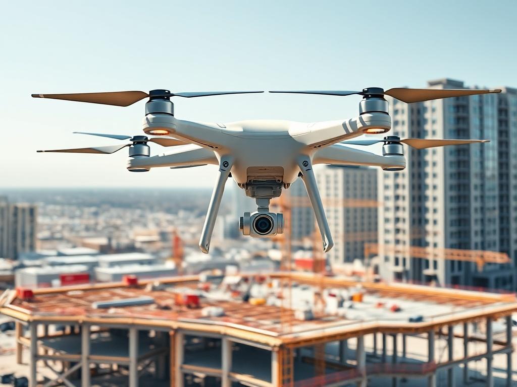 Aerial view of a construction site with drones capturing images,