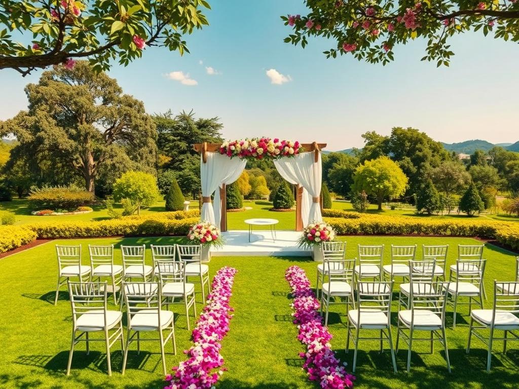 Aerial view of a beautiful outdoor wedding ceremony set in a picturesque garden. The scene features a stunning white gazebo adorned with flowers, rows of elegant chairs for guests, and a vibrant green landscape. The background includes lush trees and a clear blue sky. The composition is minimalistic, focusing on the ceremony setup with vibrant colors and clean lines, emphasizing the beauty and elegance of the event without any people present.
