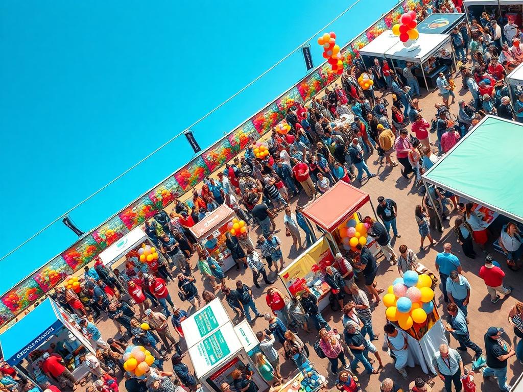 A vibrant aerial view of a bustling outdoor event, showcasing a colorful crowd gathered around various exhibit booths. The scene captures the excitement and energy of the event, with balloons and banners adding to the festive atmosphere. The background features a clear blue sky, emphasizing the event's lively vibe. The composition should focus on the diverse attendees engaged with the exhibits, highlighting the dynamic interaction and the overall celebratory environment.