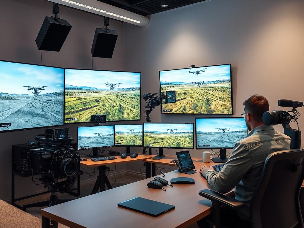 An editing suite with a professional editor working on high-end equipment, reviewing aerial footage on large screens. The workspace is modern and equipped with editing software, showcasing creativity and technical skill.
