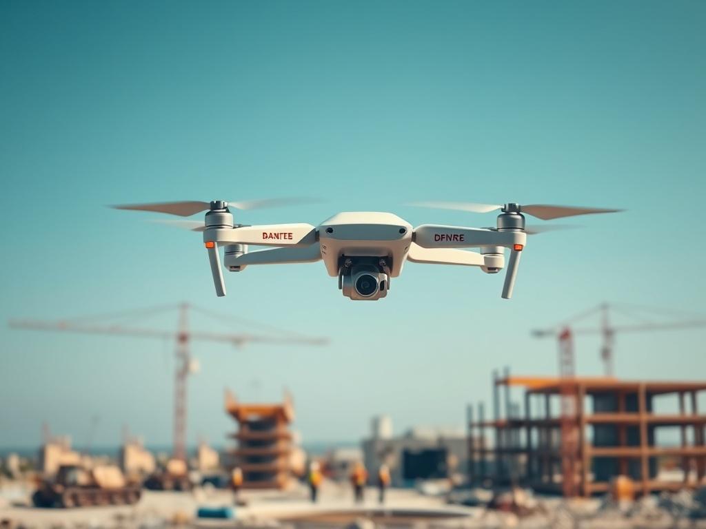 A drone in flight capturing breathtaking aerial shots of a construction site, with workers and machinery visible below. The drone is positioned against a clear blue sky, emphasizing its advanced technology.
