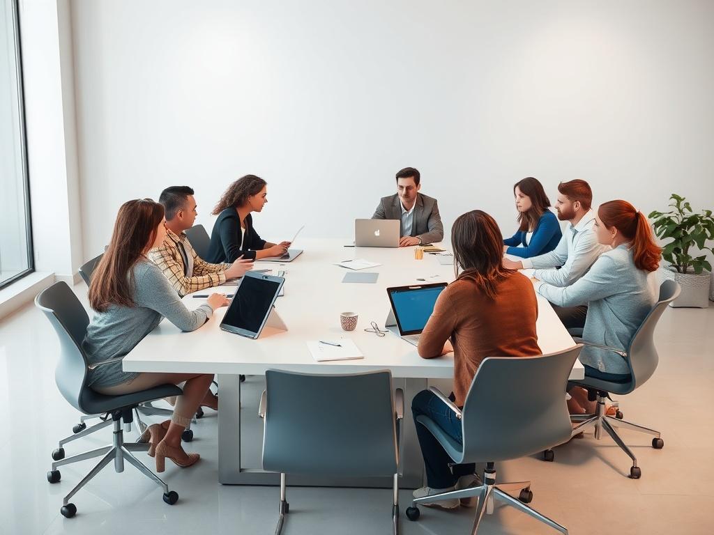 A professional meeting room setting with a diverse group of people discussing a project, featuring a large table, notepads, and laptops. The atmosphere is collaborative, with individuals actively sharing ideas. The background is minimalistic with a focus on the group interaction.