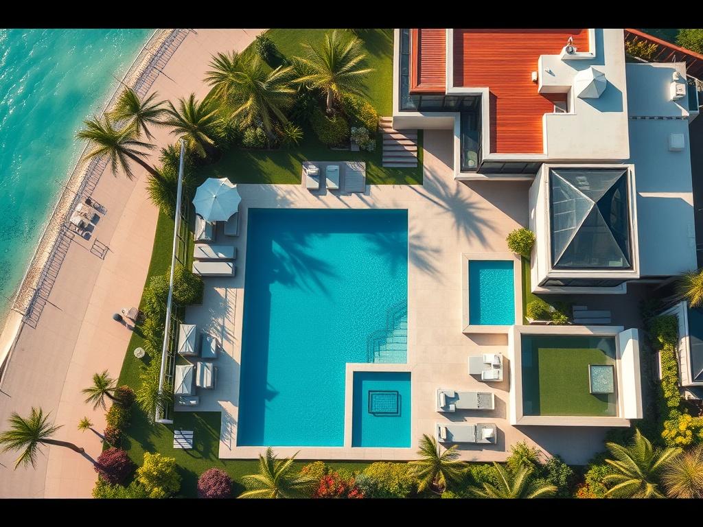 A stunning aerial view of a luxury property with a beautiful pool, manicured gardens, and modern architecture. The image should capture the vibrant colors of the property and its surroundings, with clear blue skies and sunlight illuminating the scene. The composition should be minimalistic, focusing solely on the property, showcasing its unique features and luxurious appeal.