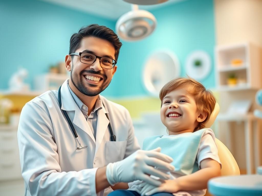 A high-resolution photo of a friendly pediatric dentist smiling while interacting with a happy child in a colorful and inviting dental clinic environment. The atmosphere should be warm and welcoming, featuring soft blue, green, and yellow tones in the decor. The dentist should be wearing a white coat and dental gloves, while the child is sitting comfortably in the dental chair, showing a joyful expression.