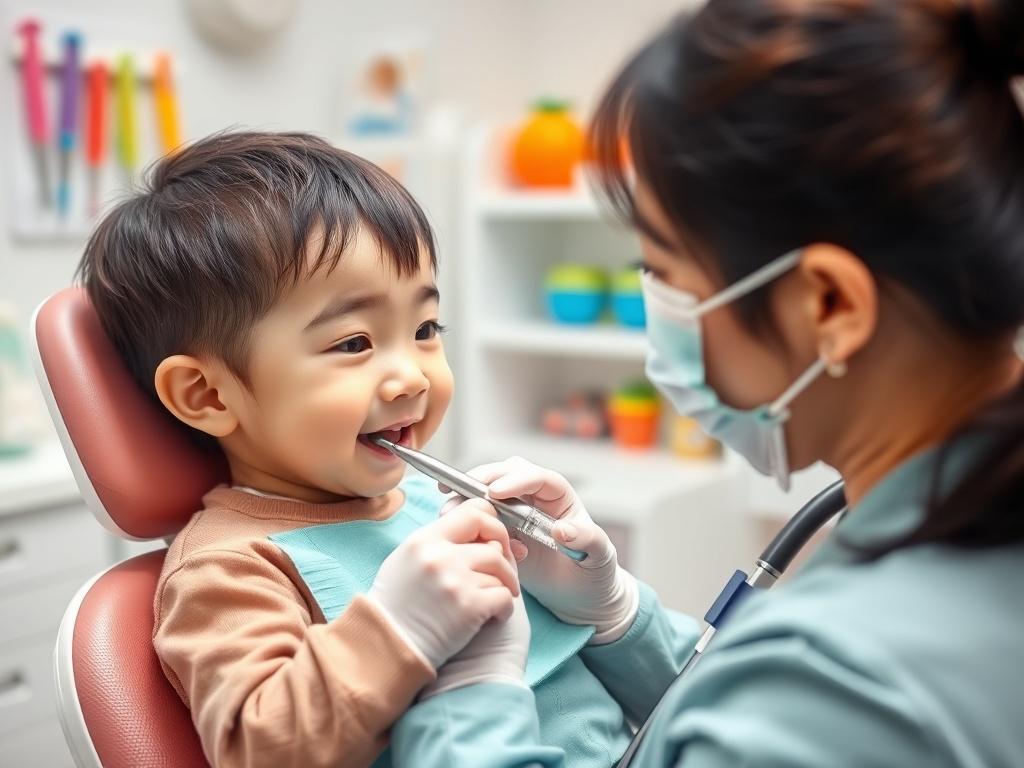 A pediatric dentist, a woman of Asian descent, gently treating a young boy with a dental drill in a bright, cheerful clinic. The child looks calm and reassured, with colorful dental tools and toys in the background, creating a friendly and non-threatening atmosphere.