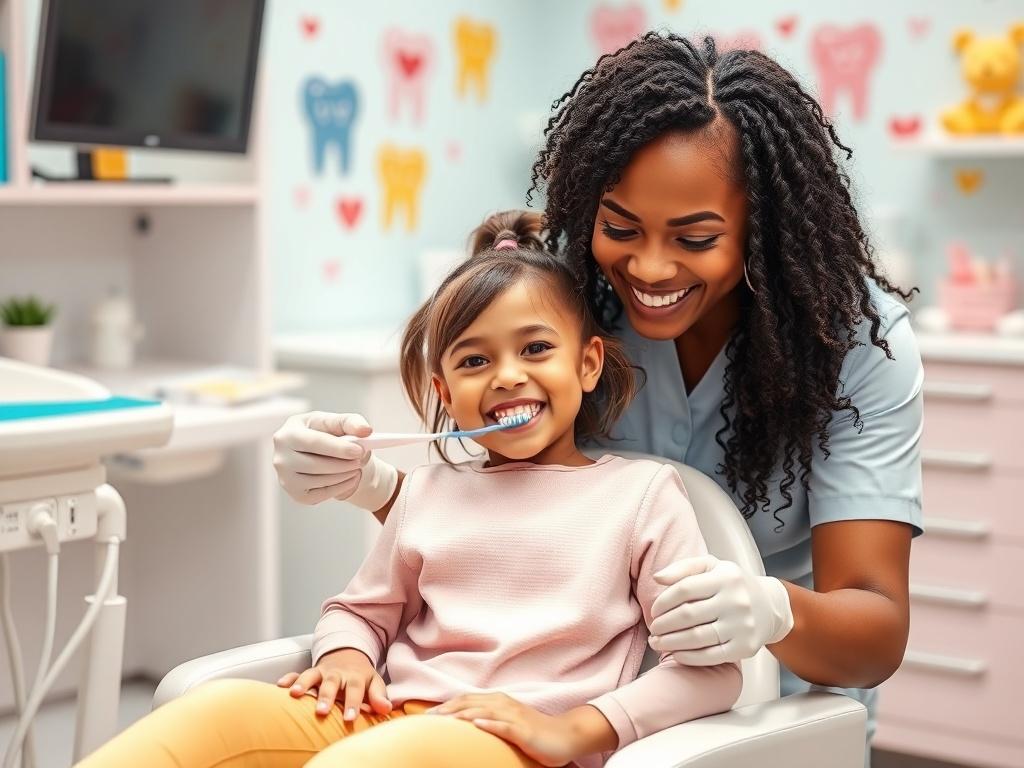 A cheerful young girl sitting in a dental chair, smiling with a toothbrush in her hand while a friendly dental hygienist, a Black woman, demonstrates proper brushing techniques. The room is bright and colorful with fun dental-themed decorations, creating an engaging and friendly environment.