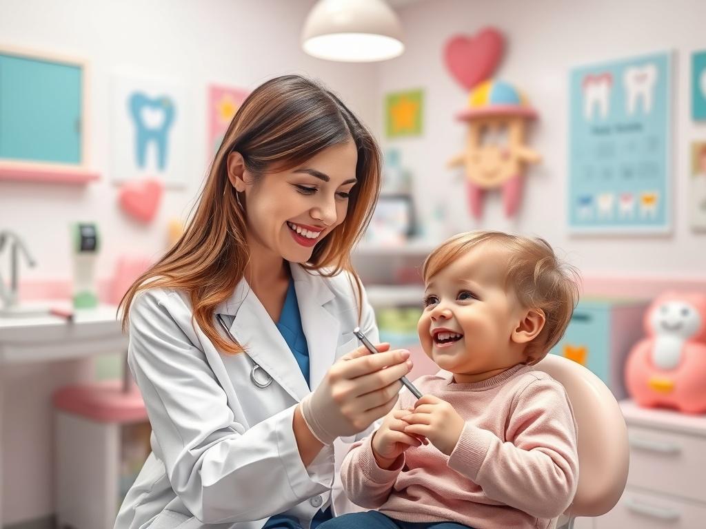 A cozy pediatric dental clinic with soft pastel colors, featuring a friendly dentist interacting with a child in a playful environment. The dentist, a Caucasian woman in a white coat, is smiling and showing a dental tool to the child, who looks curious and happy. The background includes colorful dental posters and toys, creating a warm and inviting atmosphere.
