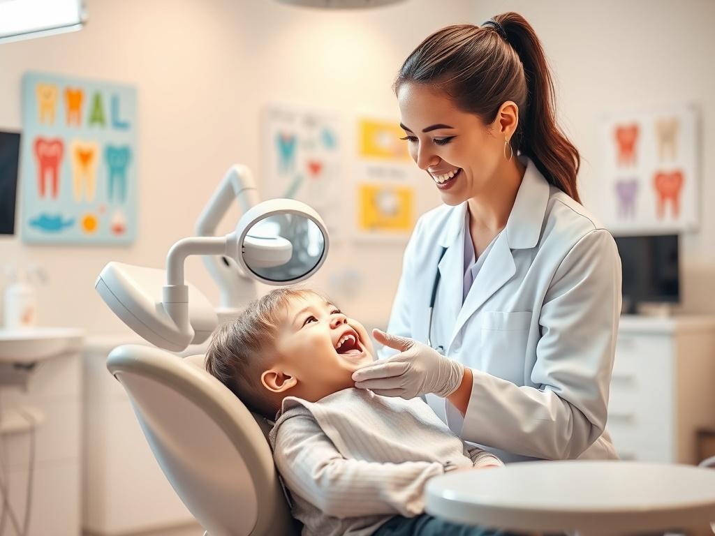 A pediatric dentist examining a child's mouth in a bright, cheerful clinic. The child, sitting in a dental chair, looks relaxed and curious. The dentist, wearing a friendly smile and a white coat, is using a dental mirror. The background features colorful dental posters and soft lighting, creating a welcoming atmosphere.