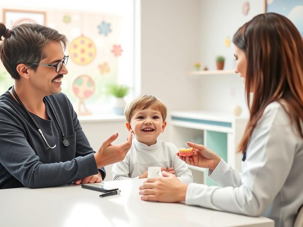 A pediatric orthodontist consulting with a child and their parent in a bright clinic. The orthodontist is showing a model of teeth and explaining treatment options. The child looks engaged, and the clinic is decorated in soft colors with child-friendly designs.