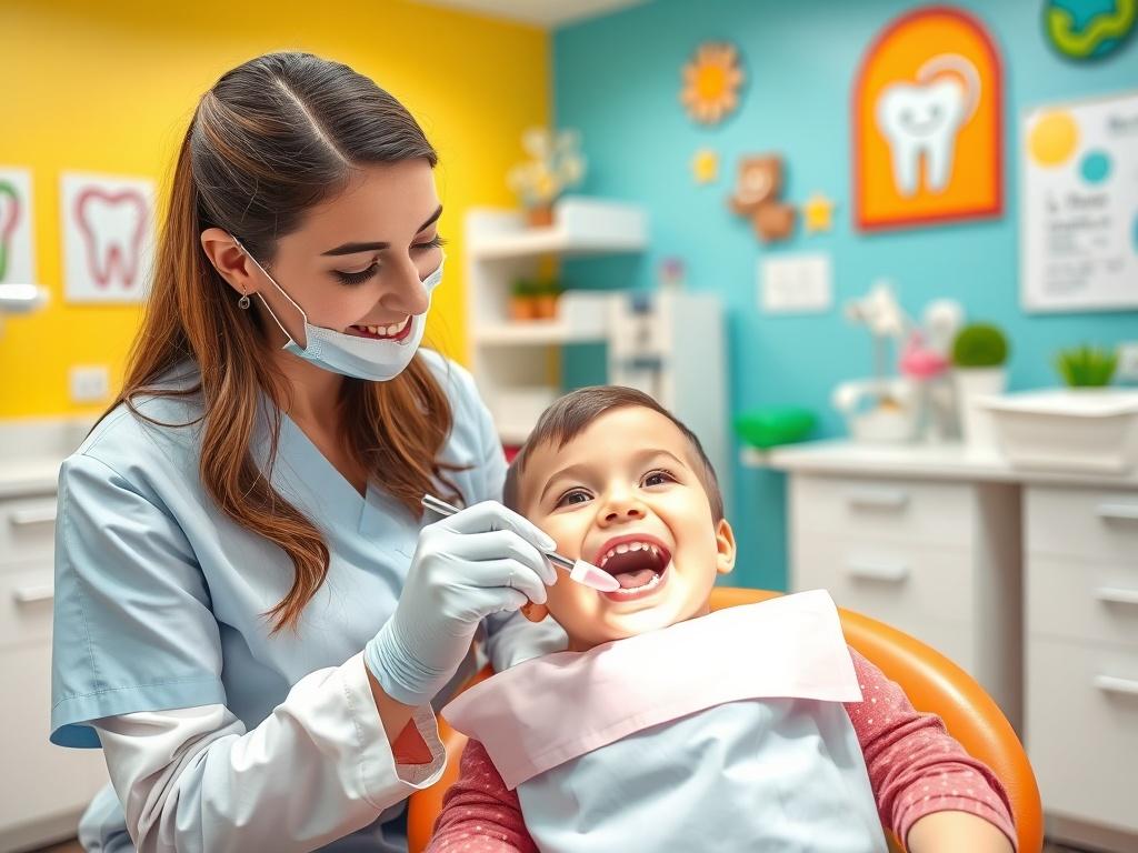 A friendly dental hygienist performing a teeth cleaning on a young child in a colorful dental clinic. The child is smiling, and the hygienist is using a dental instrument carefully. The background includes bright colors, playful decorations, and dental care posters, creating a fun environment.