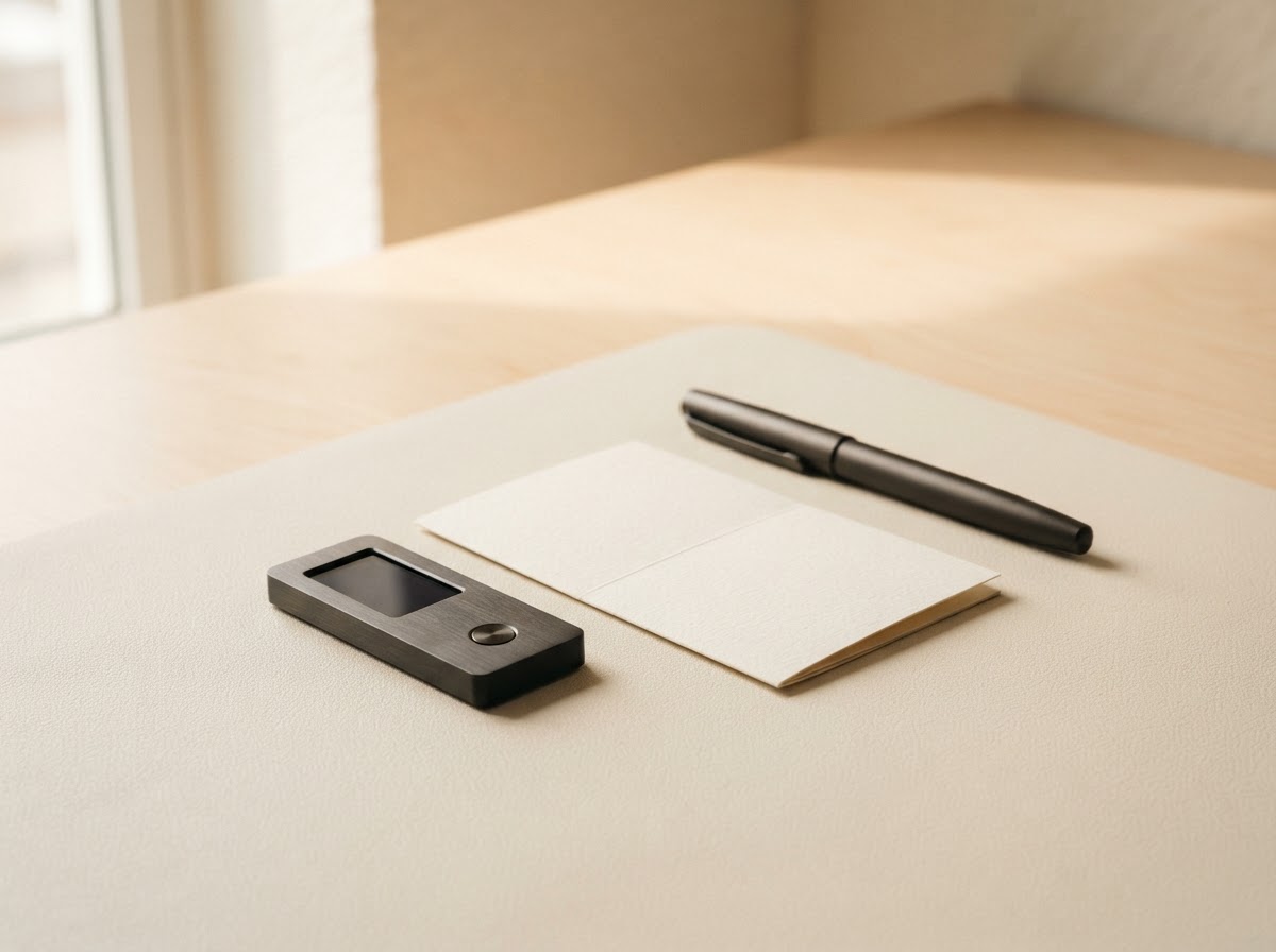 An unbranded hardware wallet, blank recovery card, and pen arranged on a warm ivory desk.