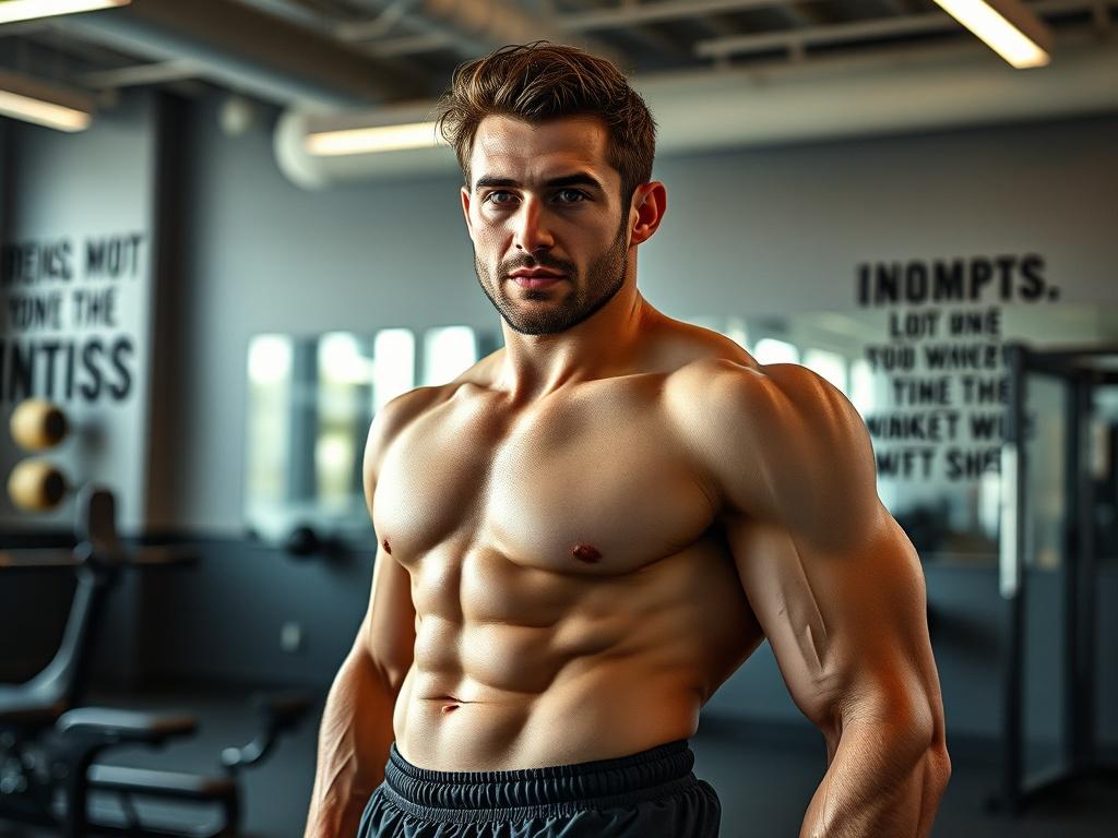 A hyper-realistic close-up of a fit individual in their 30s, showcasing a confident posture while wearing athletic attire. The setting is a modern gym with soft lighting that highlights the subject's physique. Surrounding elements include fitness equipment and motivational quotes on the wall, creating an inspiring workout environment. The image emphasizes strength and determination, capturing the essence of transformation.
