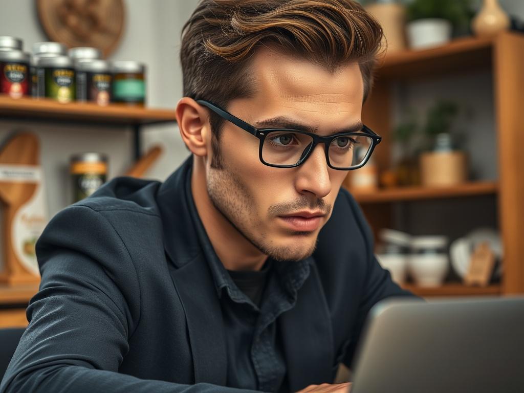 A hyper-realistic close-up of a determined entrepreneur in their 30s, looking focused and energized while working at a desk. The background subtly showcases items like herbal teas and wellness products, reflecting a commitment to health. The subject is dressed in a smart casual outfit, exuding a sense of purpose and dynamism. The lighting highlights their expression and energy, creating an inspiring atmosphere.