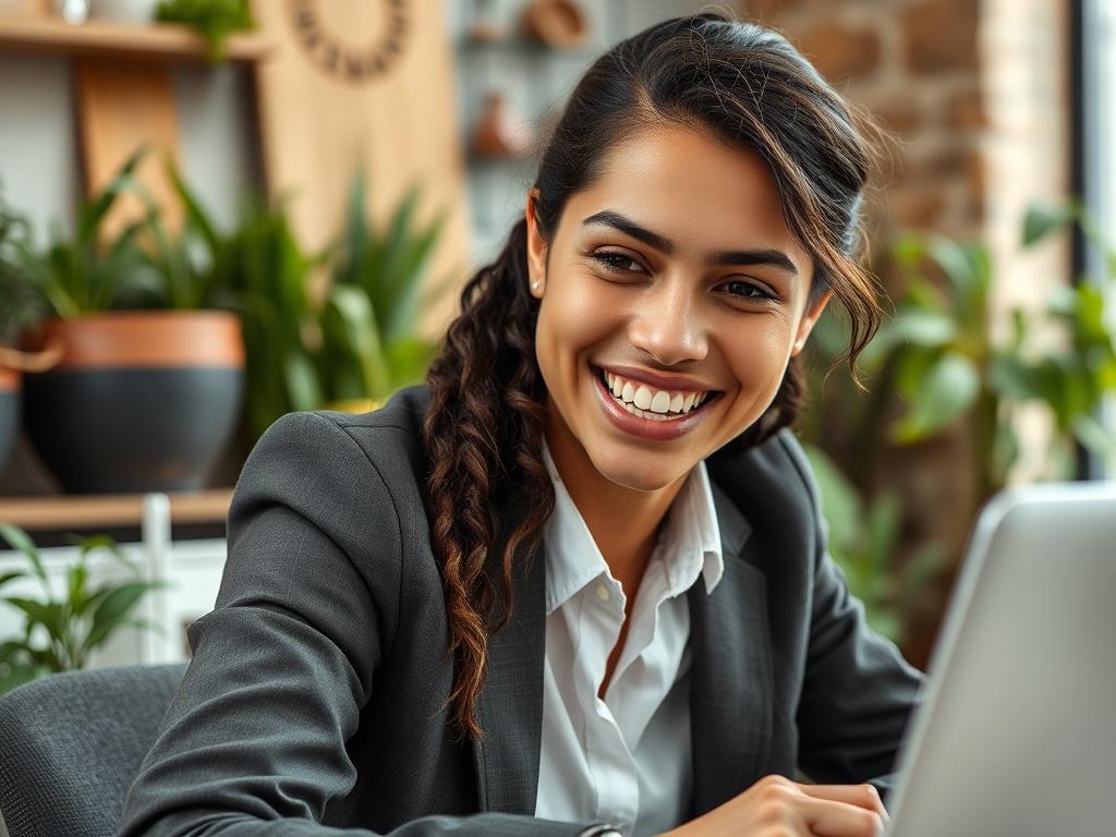 A close-up shot of a vibrant, energetic individual in their 30s, smiling and engaging in a productive work environment. The background features elements of nature and herbs, subtly indicating a connection to natural wellness. The subject is wearing business casual attire, exuding confidence and vitality. The image is rendered in hyper-realistic style with a shallow depth of field, emphasizing the subject against a softly blurred background.