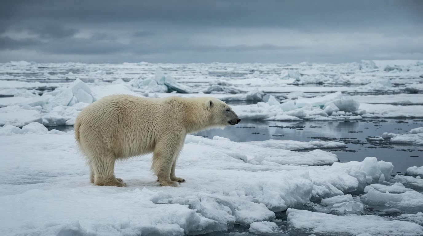 A polar bear on white sea ice in Arctic light