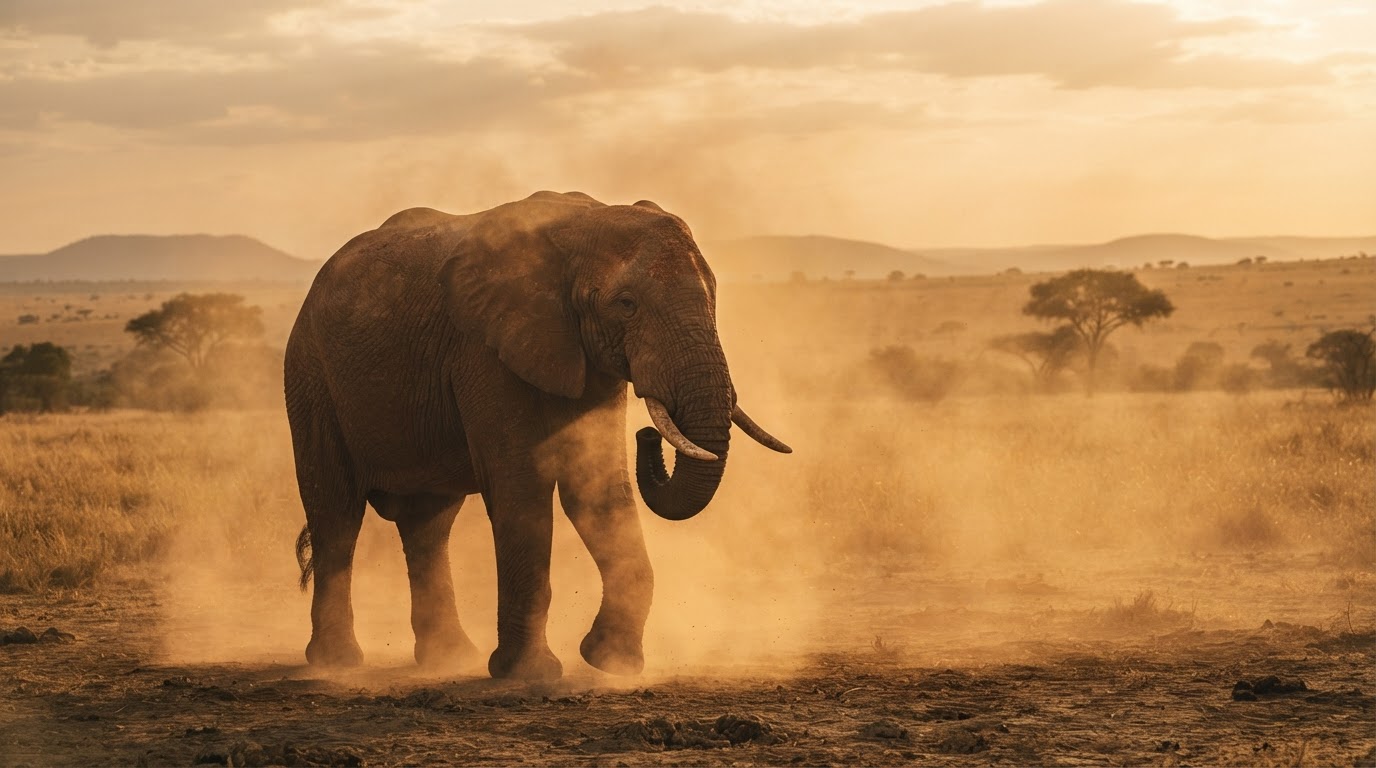 An African elephant standing in golden late-afternoon dust