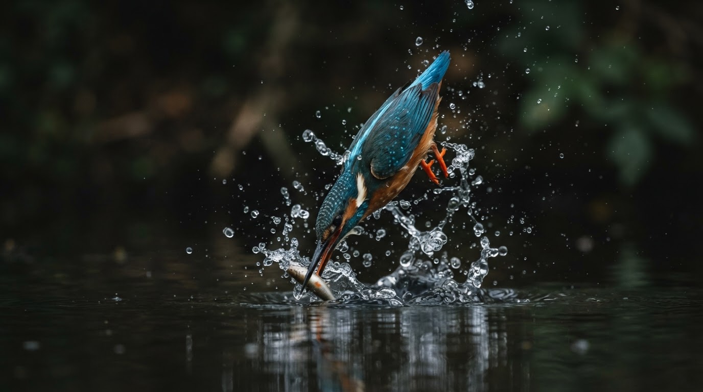 A kingfisher captured mid-dive into still water