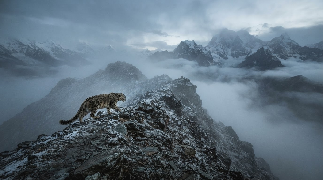 A snow leopard crossing a misty high-altitude ridge at dawn