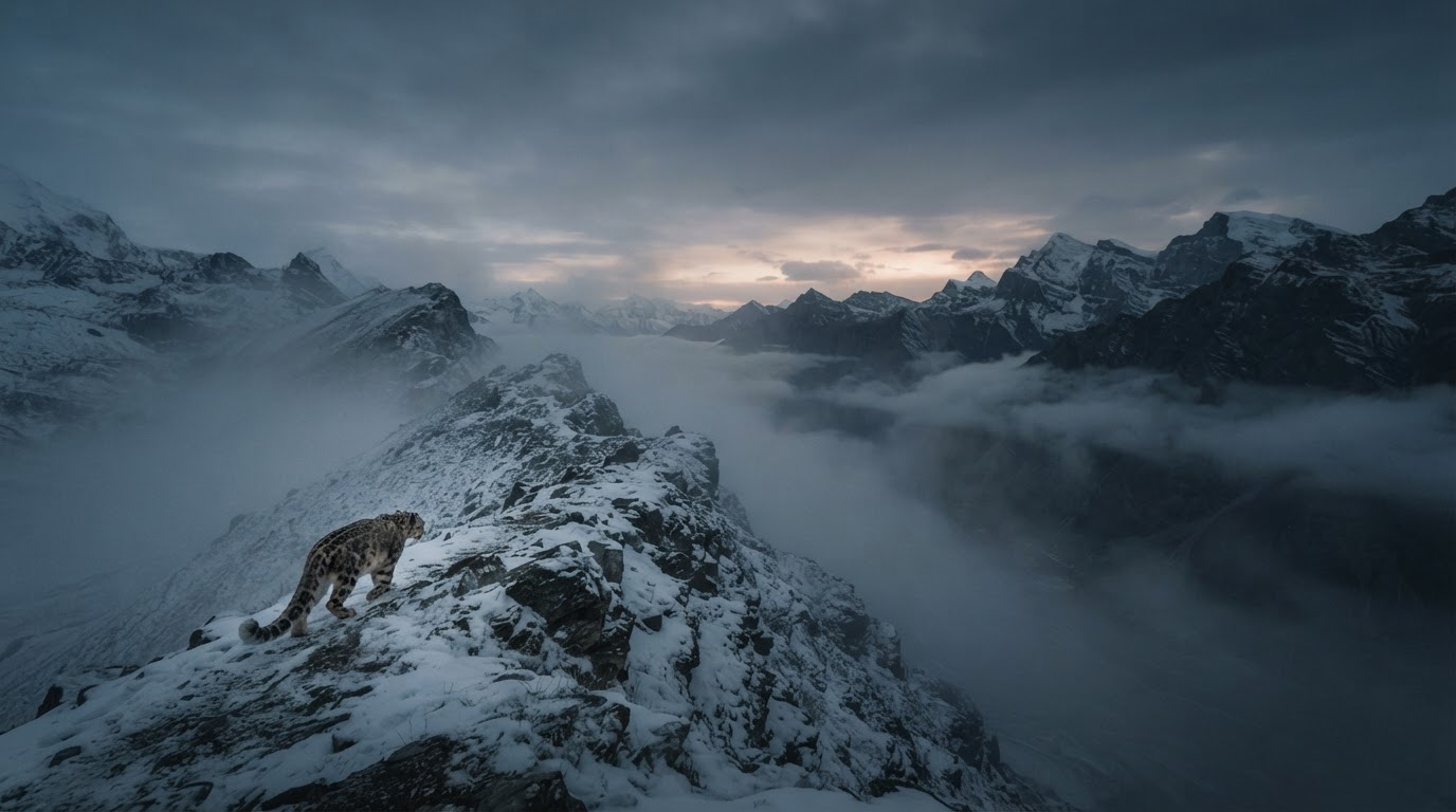 Snow leopard — Ridge Crossing, First Light, Ladakh, Himalaya