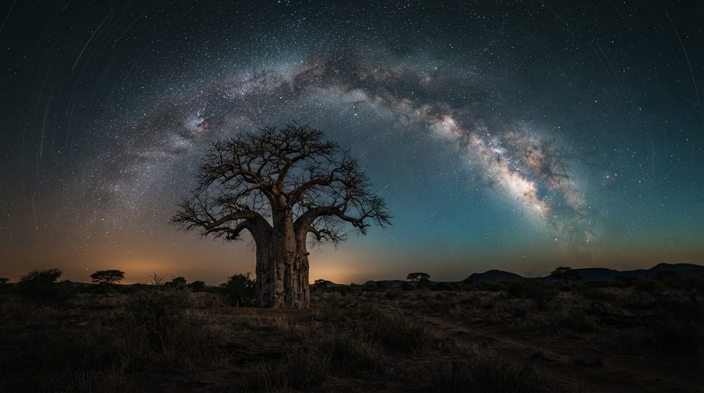 The Milky Way arching over a lone baobab on a dark savanna