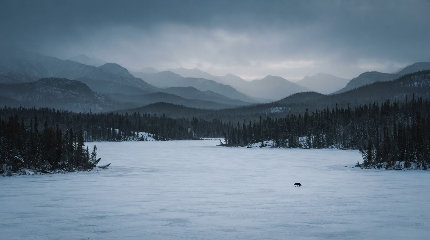 Grey wolf (distant) — Wolf Country, Blue Hour, Karelian taiga