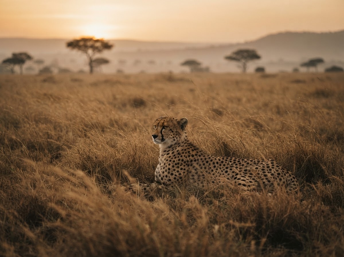 Cheetah — First Light, Dry Grass, Seronera, Serengeti