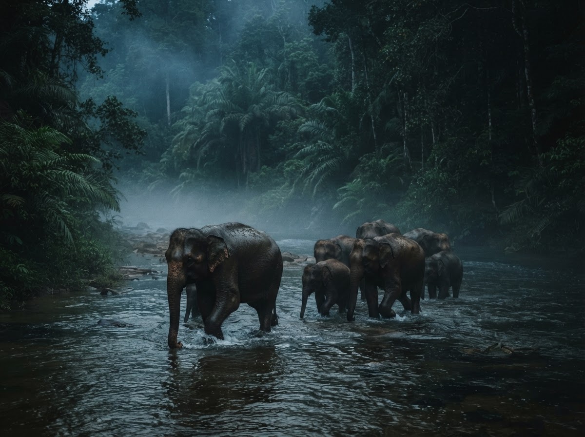 Borneo pygmy elephant — River Crossing, Dusk, Kinabatangan, Borneo