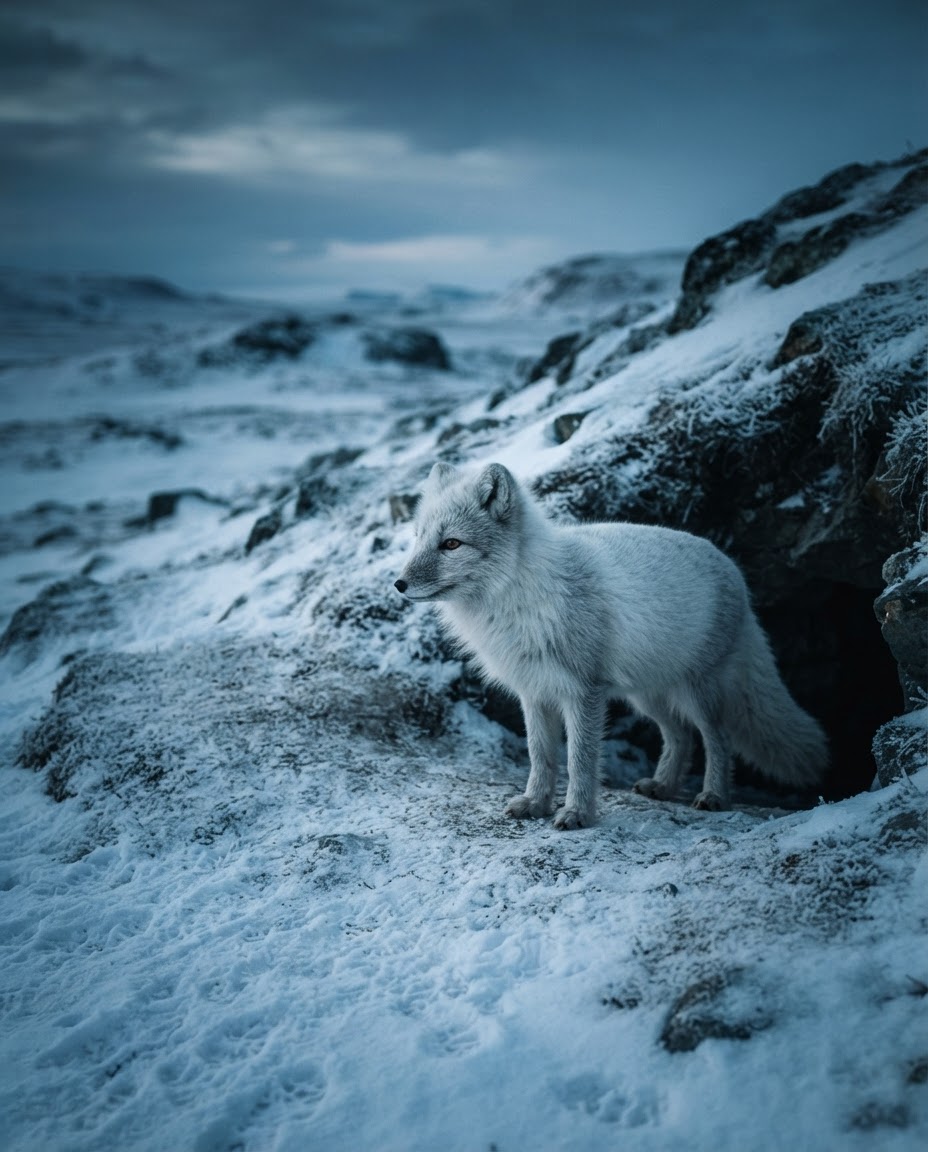 Arctic fox — Den Watch, Polar Twilight, Kongsfjorden, Svalbard