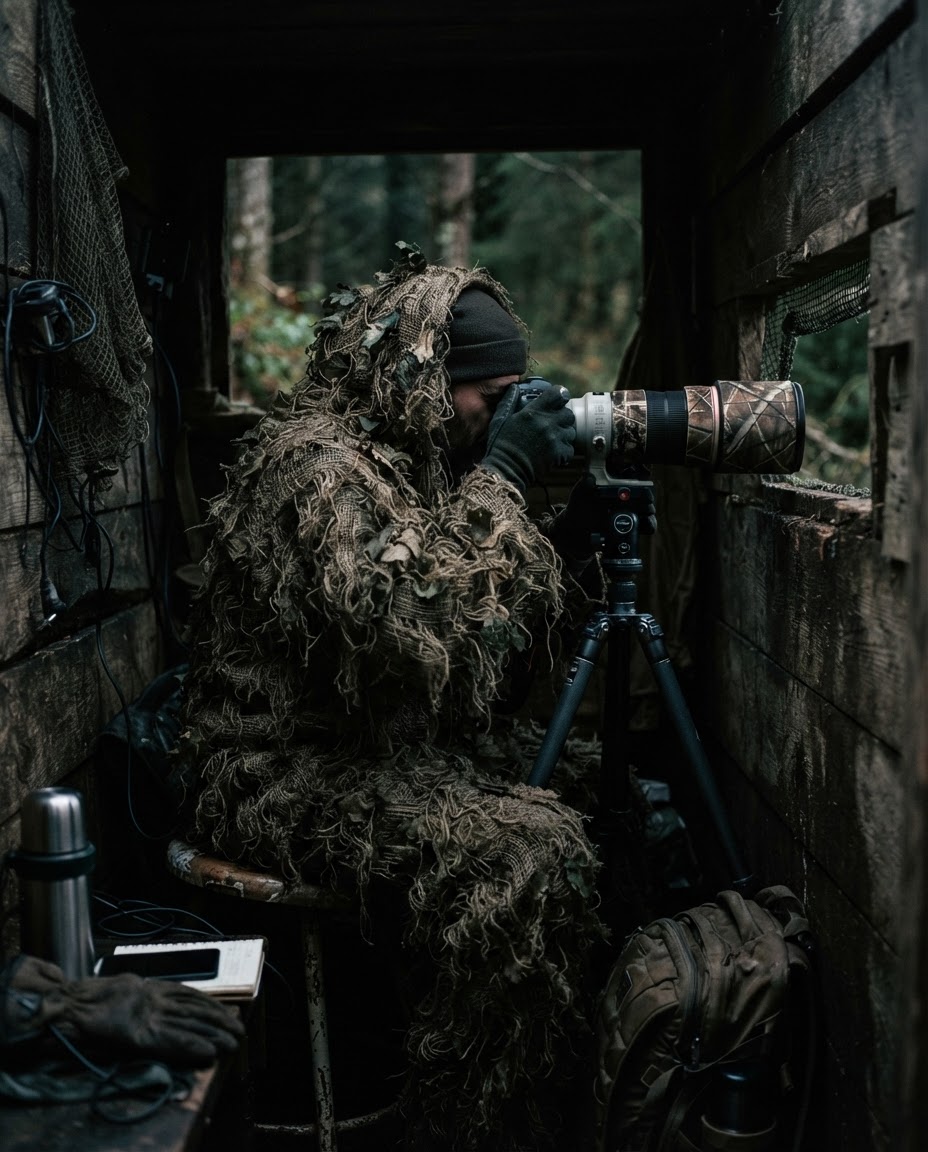 Ossian Reyes in camouflage, motionless inside a wooden photography hide